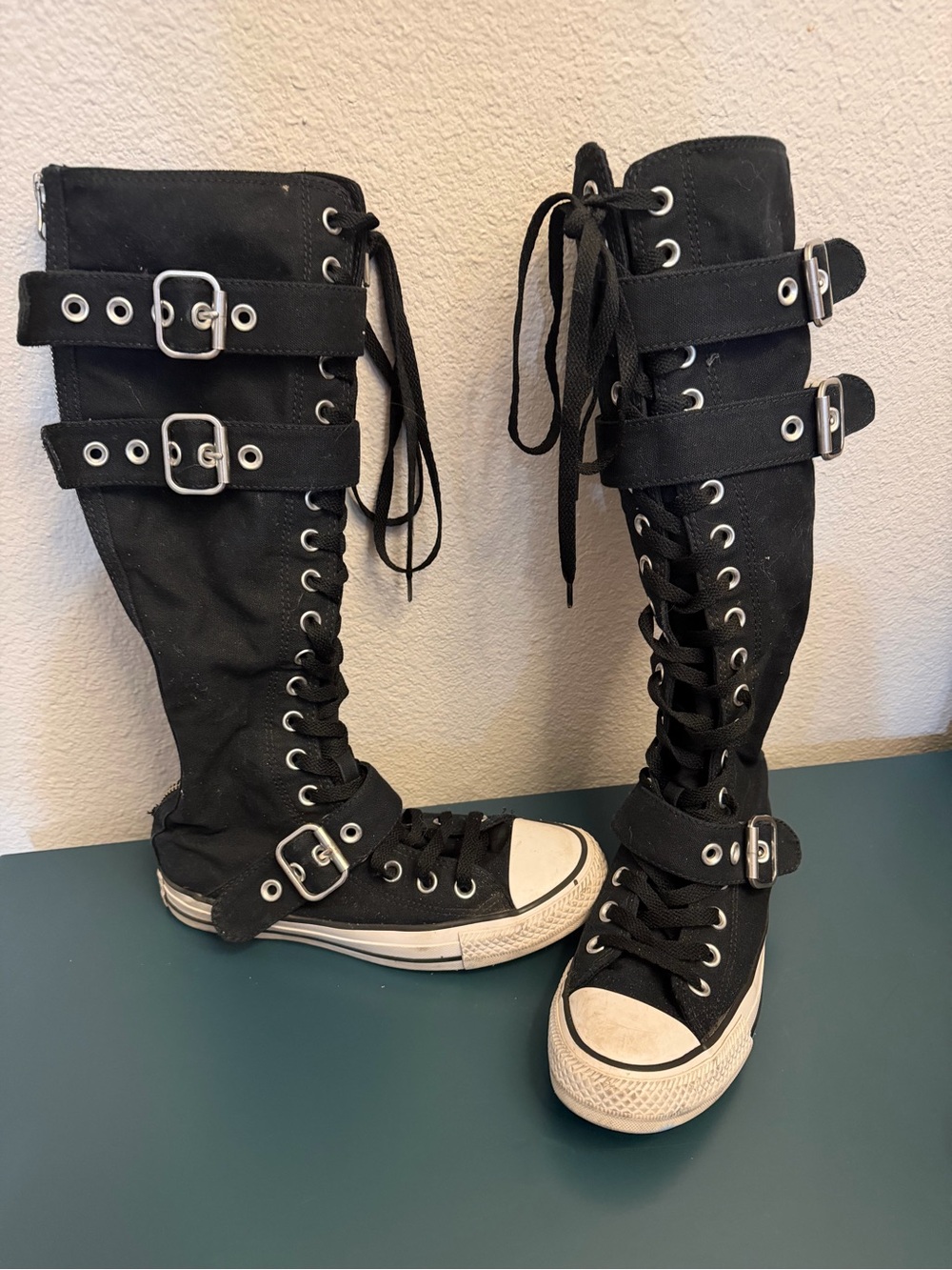 Black Lace-Up Knee-High Buckle Boots